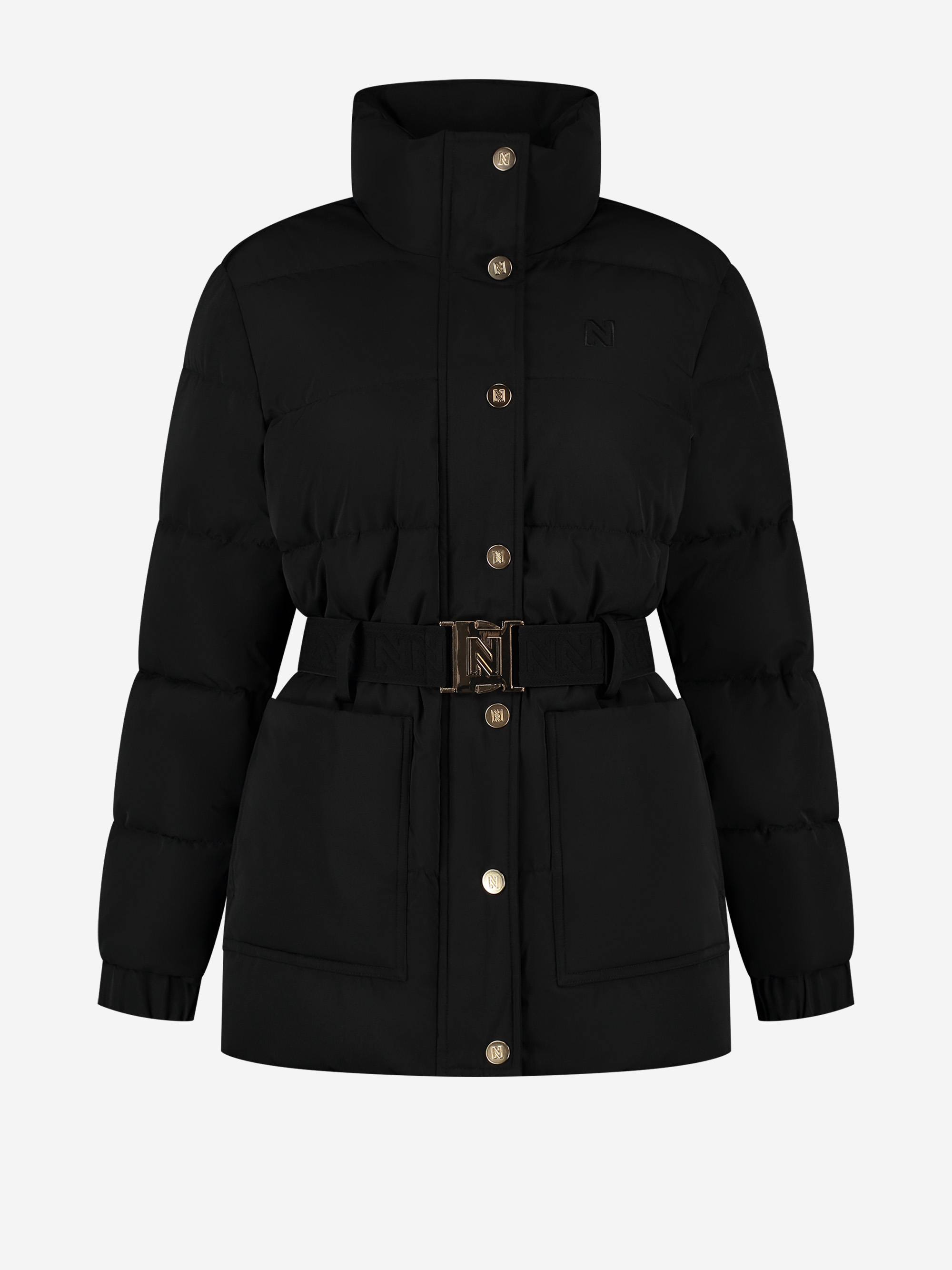 Puffer jacket with high neck and a belt 