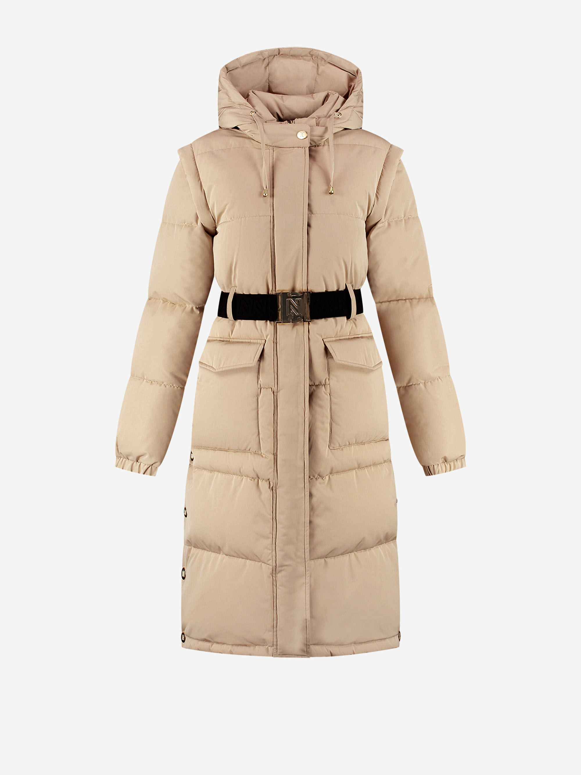 Long puffer jacket with belt and detachable sleeves