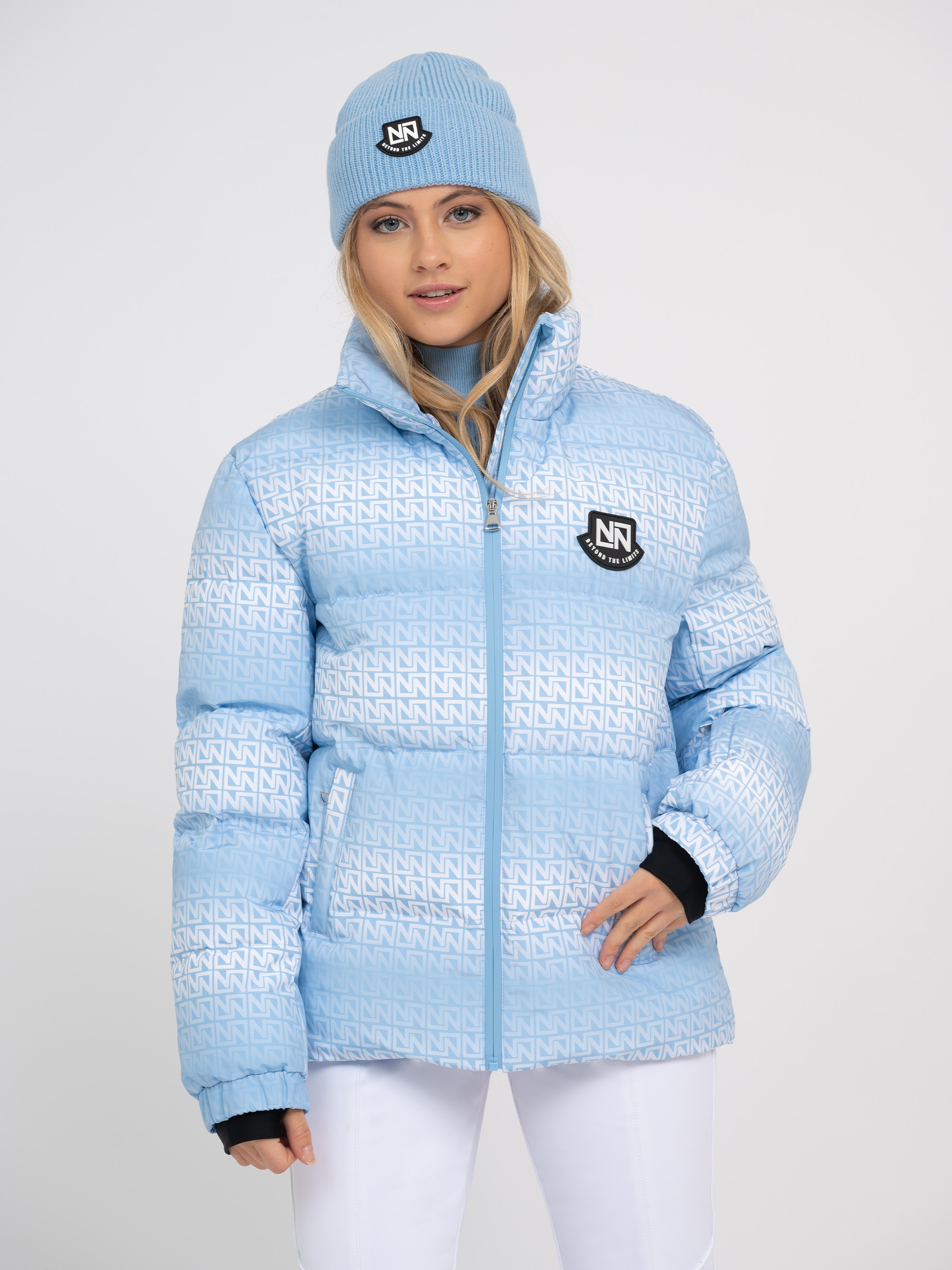 Ski jacket with logo pattern and high collar