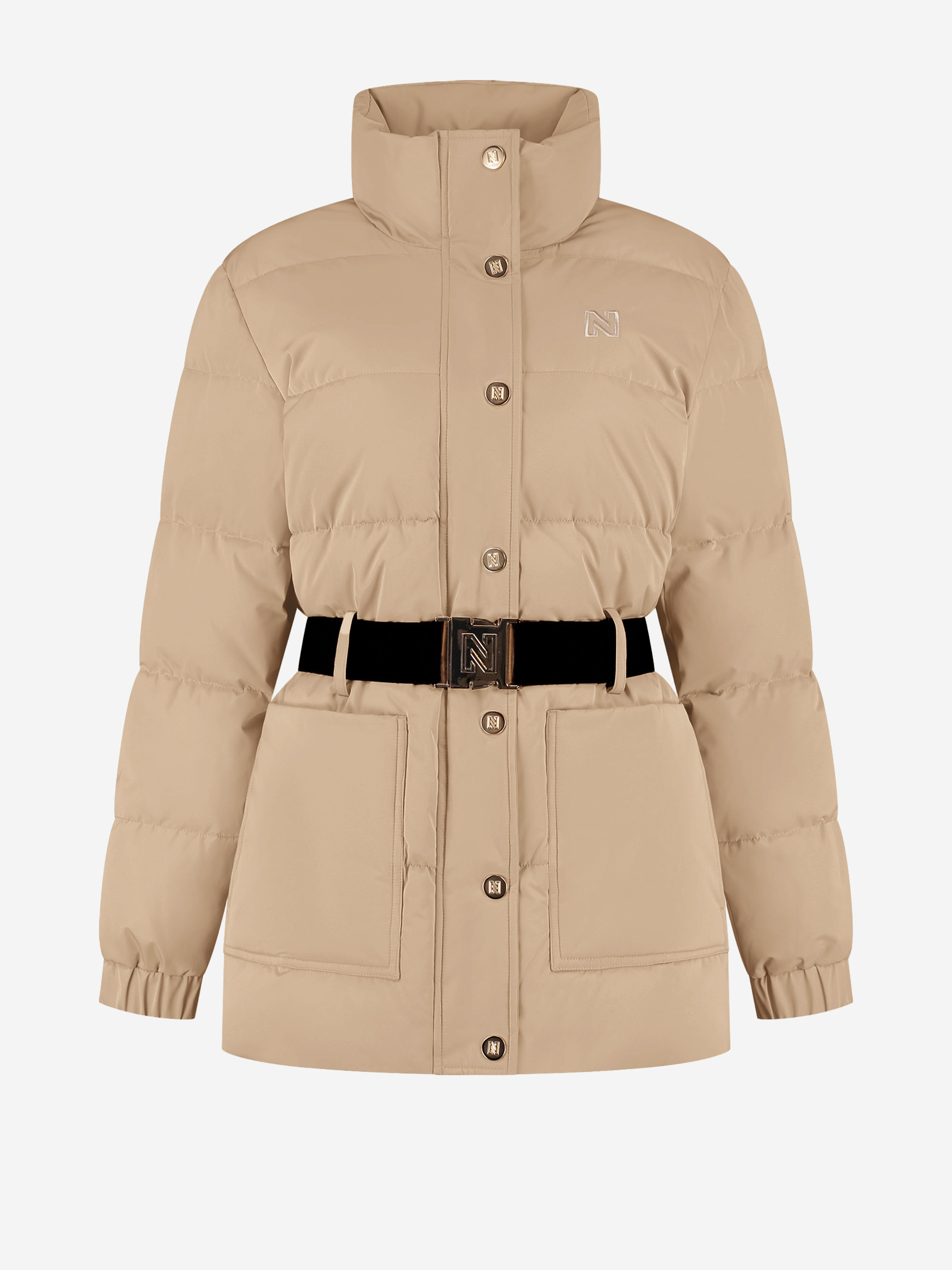 Puffer jacket with high neck and a belt 