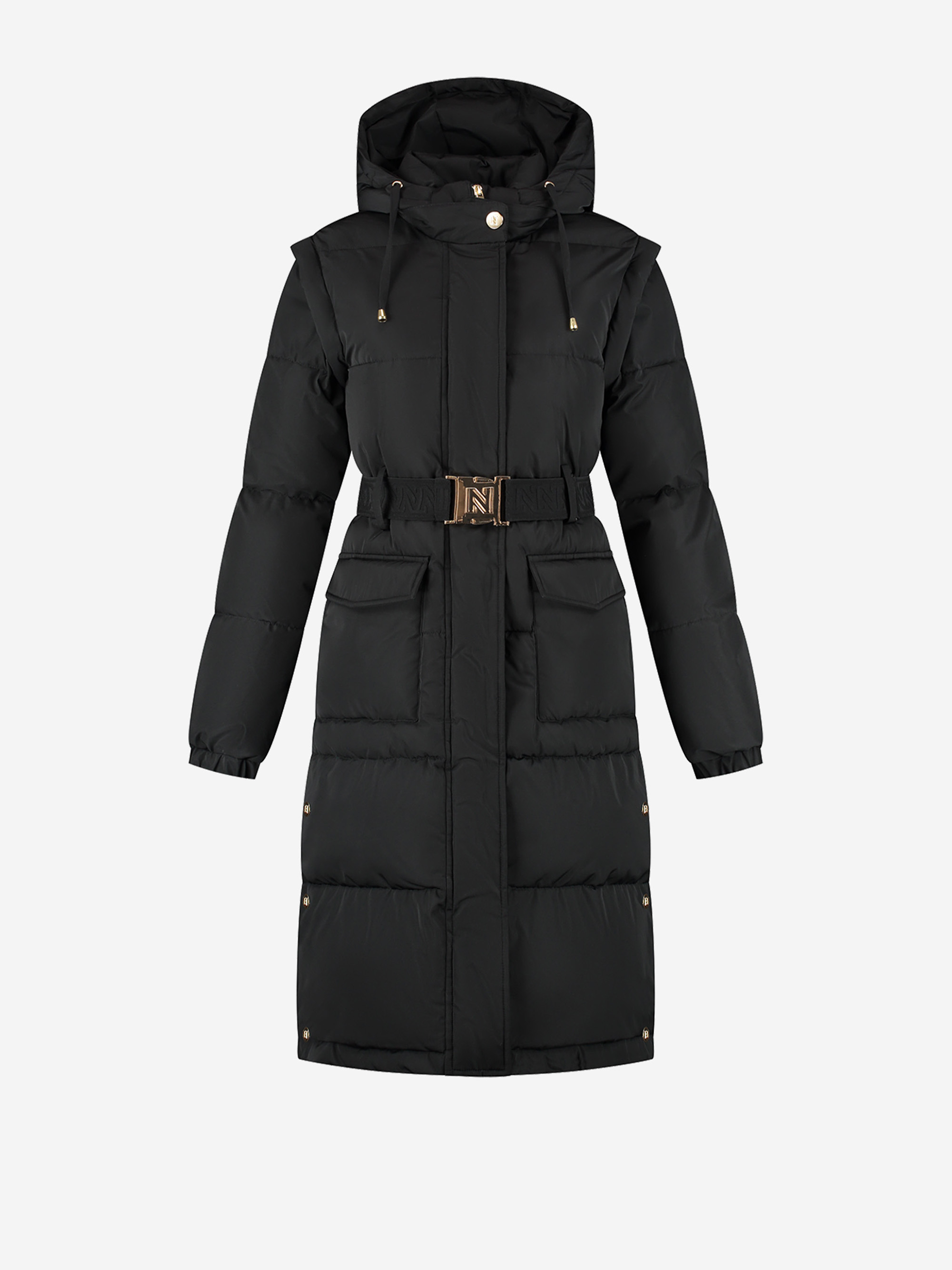 Long puffer jacket with belt and detachable sleeves