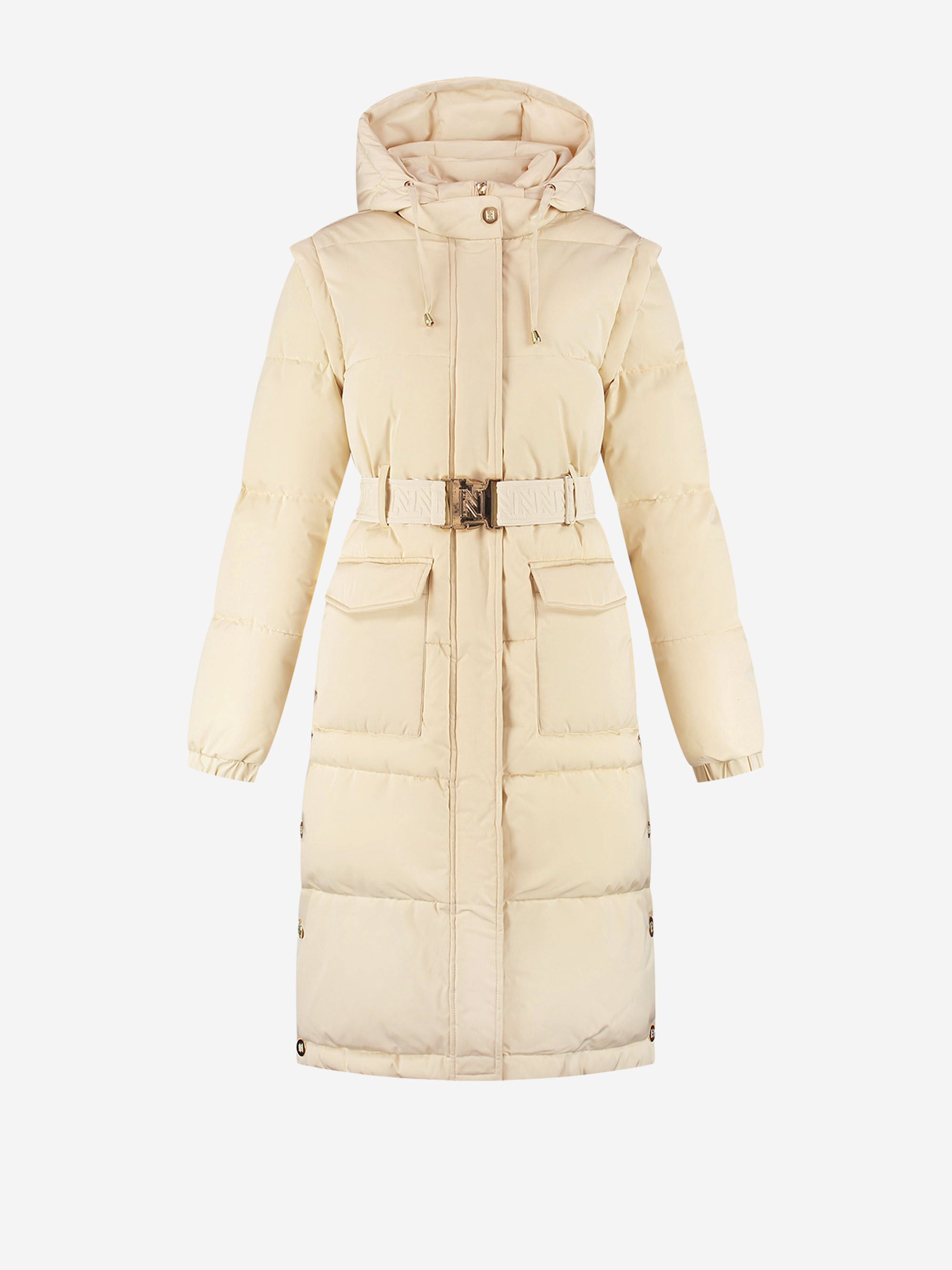 Long puffer jacket with belt and detachable sleeves