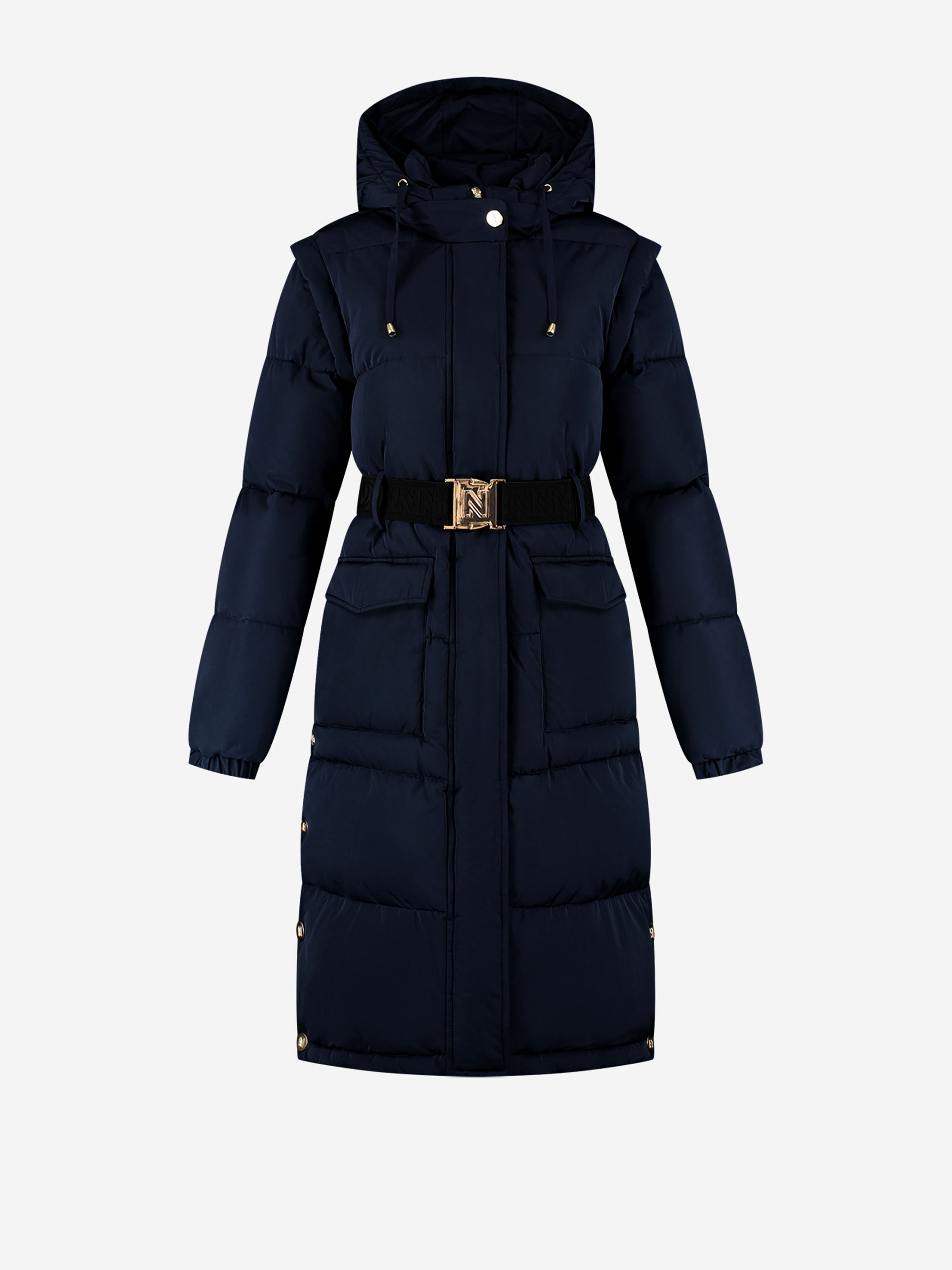 Long puffer jacket with belt and detachable sleeves